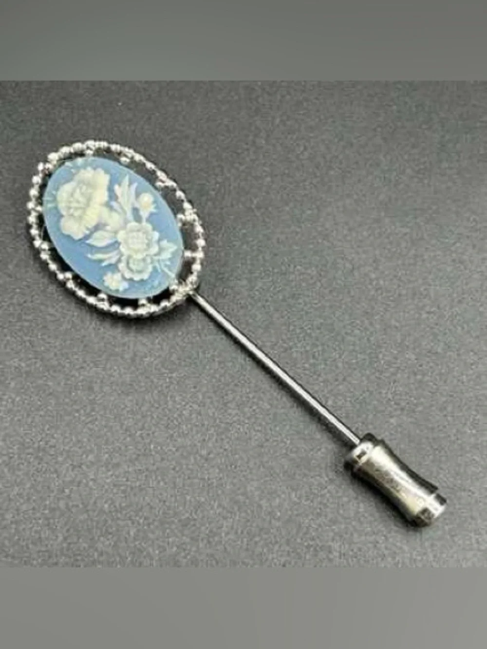 Rare Vintage Floral Wedgwood Jasperware Blue Flower Cameo Silver Stickpin Brooch
